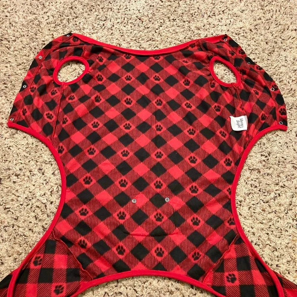 Merry &‎ Bright holiday flapjack style dog pajamas red black buffalo check Sz L